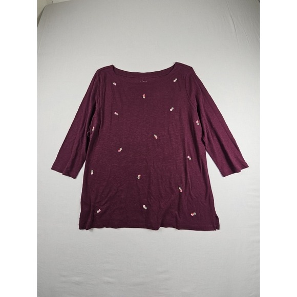 LOFT Tops - LOFT JERSEY Sz XL PLUM BURGUNDY EMBROIDERED TULIPS FLOWERS 3/4 SLEEVE COTTON